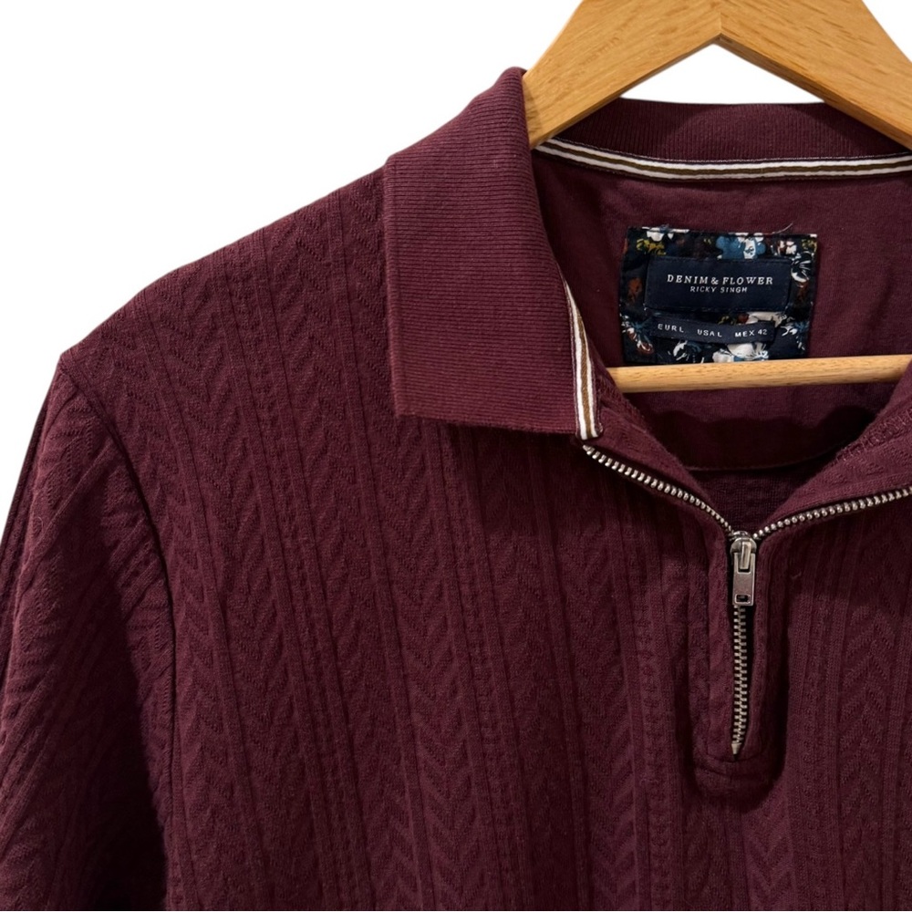 Denim & Flower Ricky Singh Burgundy Textured Knit Quarter Zip Polo Shirt Men’s L
